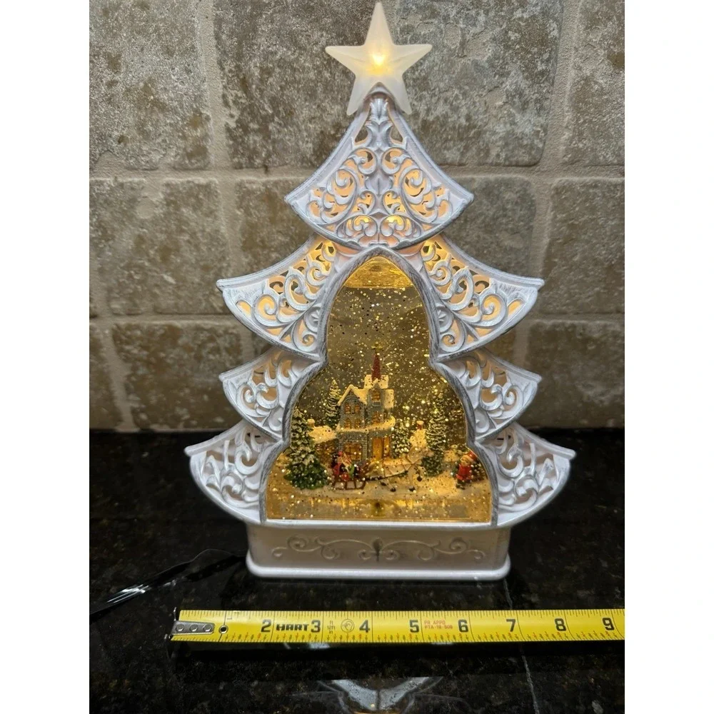 Christmas Tree Water Filled Snow Globe LED Light‎ Up Victorian Home Scene NEW